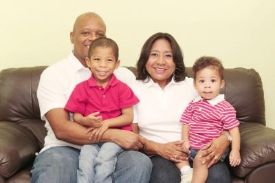 young family on couch